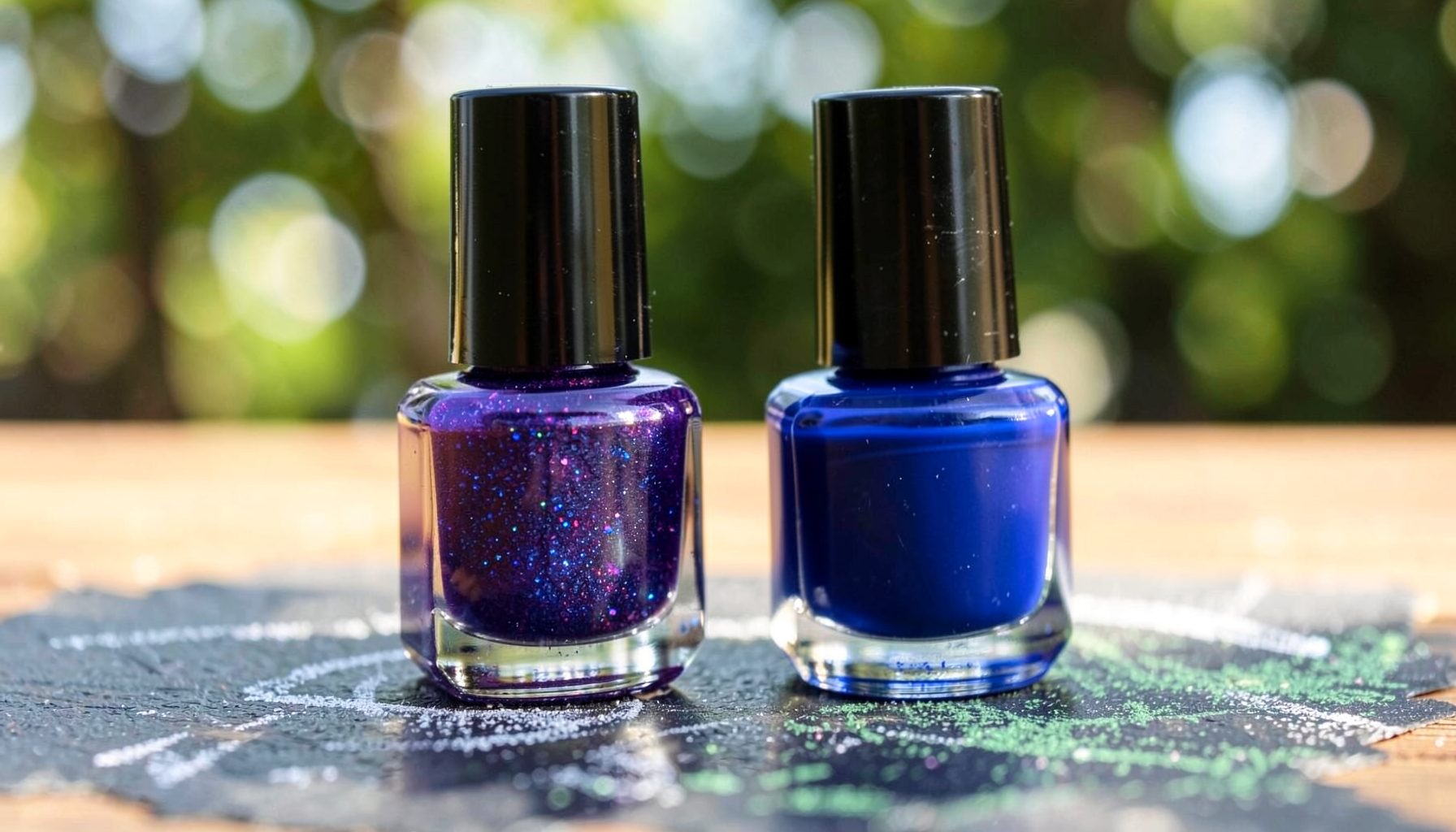 Two glossy nail polish bottles — one a deep violet with blue shimmer, the other a rich royal blue — standing side by side on a sunlit wooden surface with a soft bokeh background.