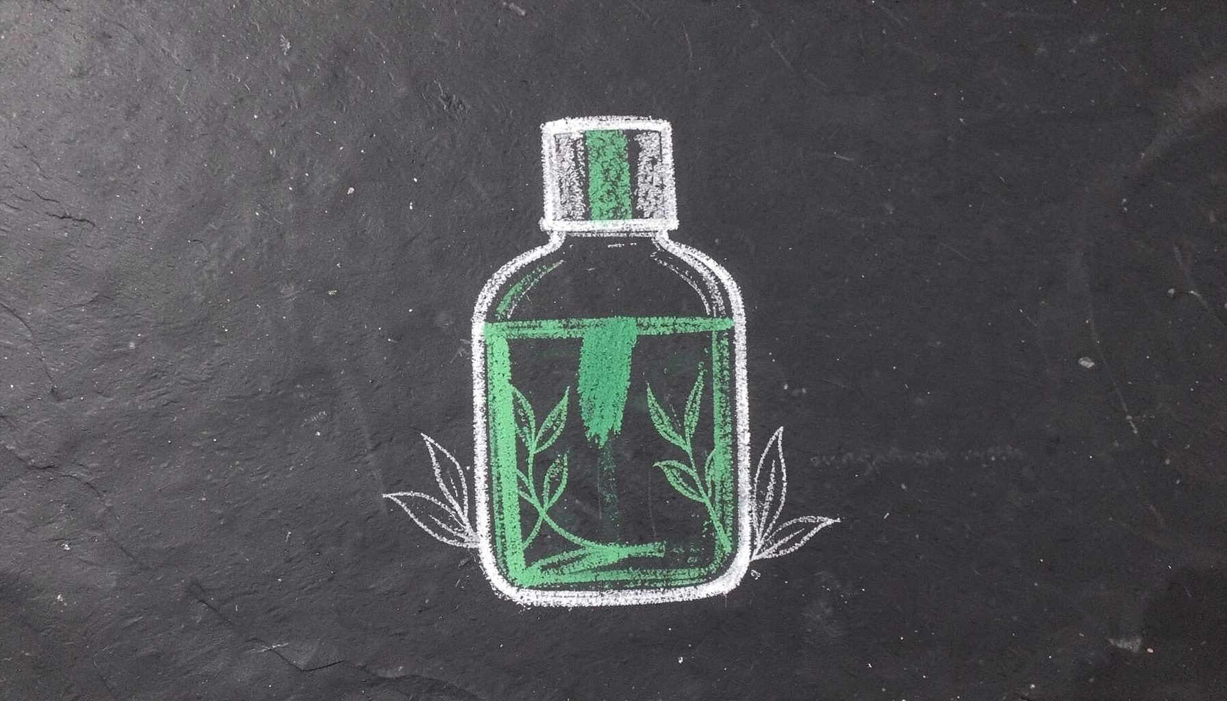 A chalk drawing on a dark slate board of a classic OPI bottle shape with bold green chalk accents and delicate leaf motifs.