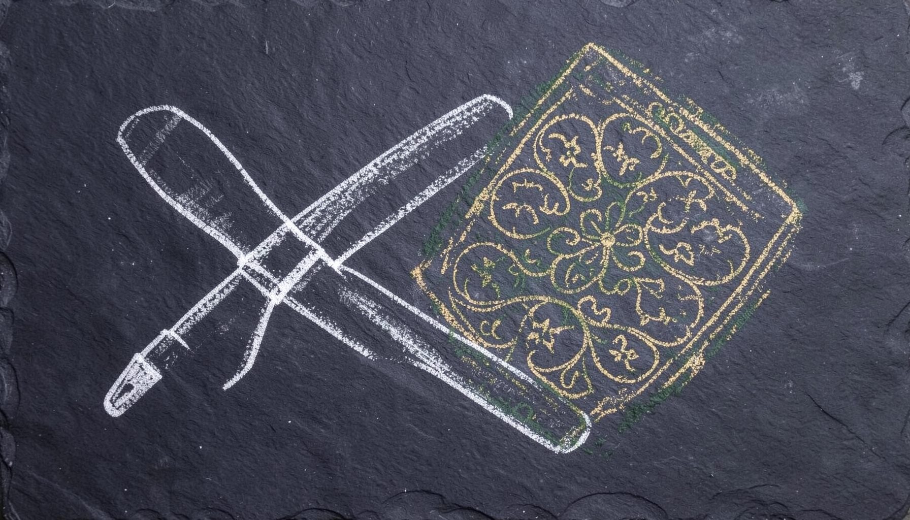 A chalk drawing on a dark slate board of a nail stamper tool and a patterned stamping plate with floral motifs, drawn in white and soft gold chalk.