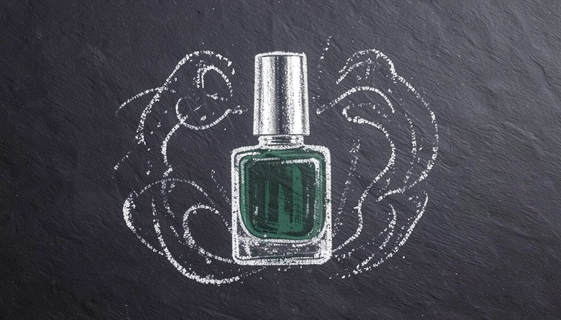 A chalk drawing on a dark slate board of a nail polish bottle with a metallic cap, surrounded by swirling chalk patterns suggesting stamping designs.